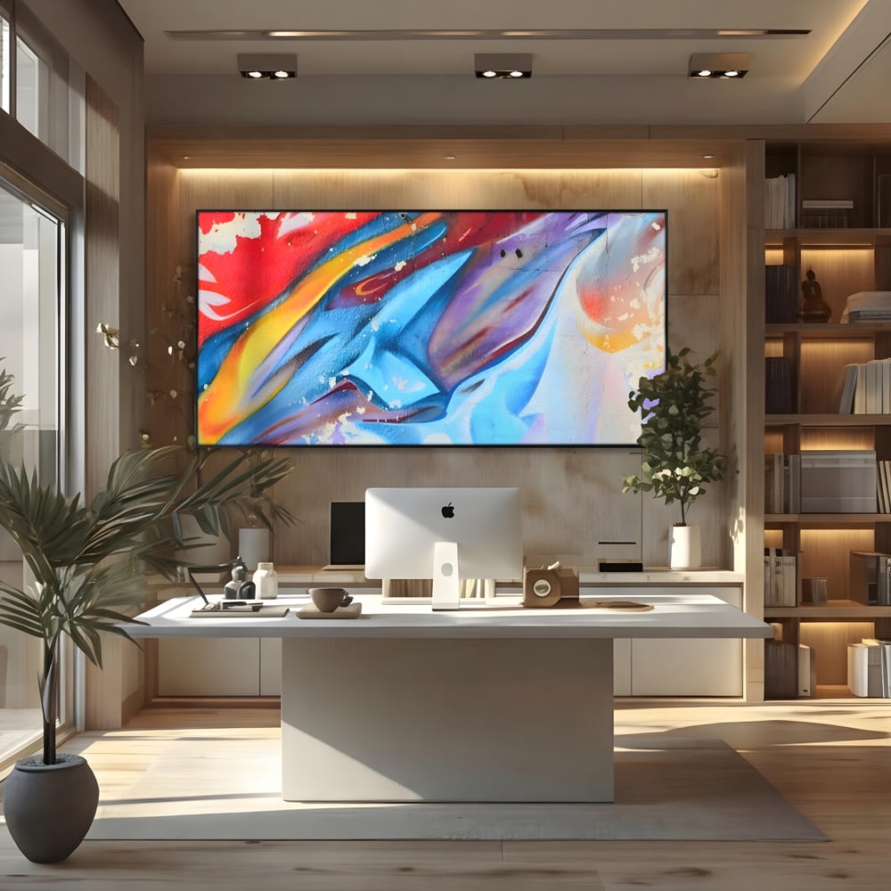 Tablou canvas cu pictura abstracta cu graffiti multicolor, in rama de aluminiu negru, pe perete intr-un birou